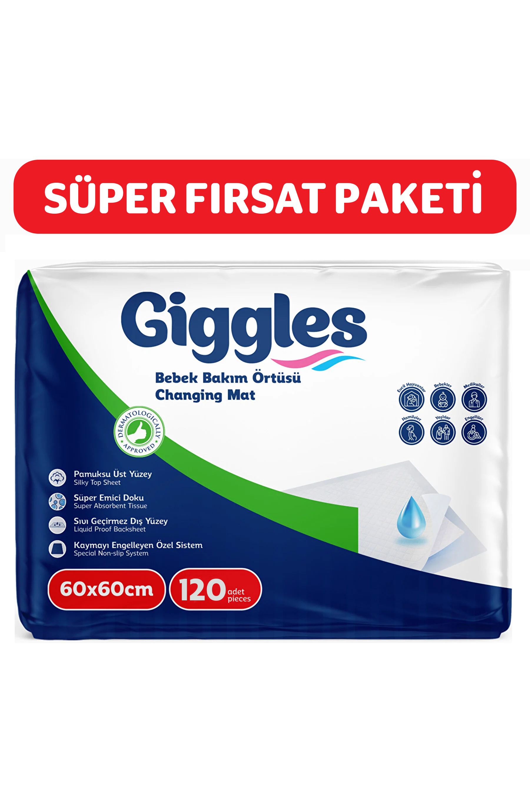 Giggles Bebek Bakım Örtüsü 60x60 Alt Açma Bezi 12 paket (120 adet)